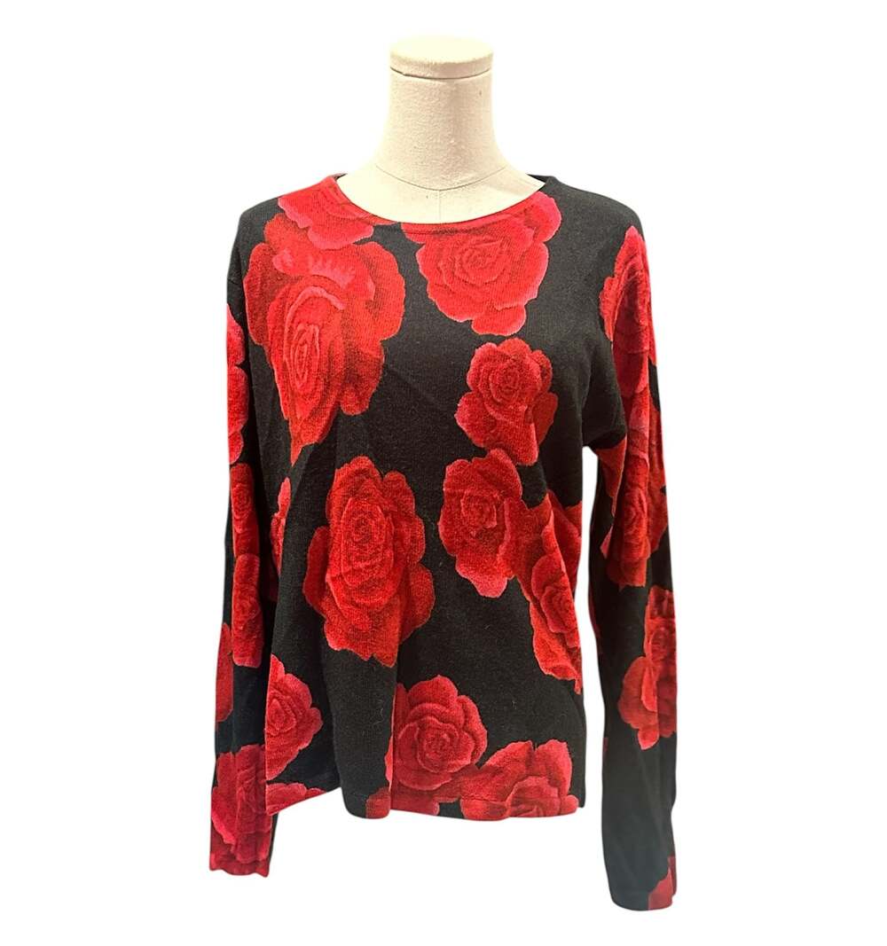 Cathy Daniels Vintage 90s Red Rose Print Faux Cashmere Sweater M